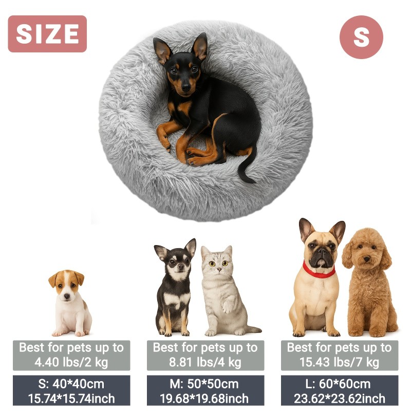 Lit pour Chien et Chat Grand Format Épais en Peluche Ronde, 40cm-100cm, Base Antidérapante, Doublure en Fausse Fourrure,