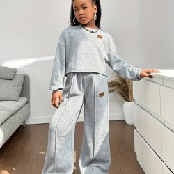 Ensemble 2 pièces pour filles, sweat-shirt en tricot gris marine décontracté, haut à manches longues et pantalon large.