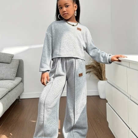 Ensemble 2 pièces pour filles, sweat-shirt en tricot gris marine décontracté, haut à manches longues et pantalon large.