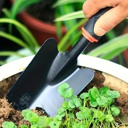 Un ensemble de quatre outils de jardinage extérieur comprenant une petite pelle pour la plantation de fleurs, un râteau à cinq