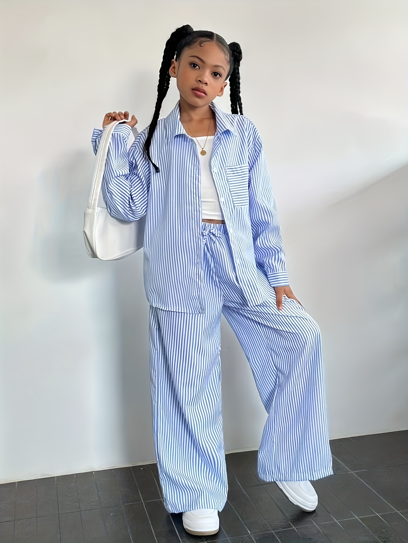 ensemble piÃ¨ces filles : chemise Ã  manches longues rayÃ©e, pantalon et dÃ©bardeur idÃ©al pour automne/hiver, parfait pour l extÃ©rieur DÃ©tails du produit 0