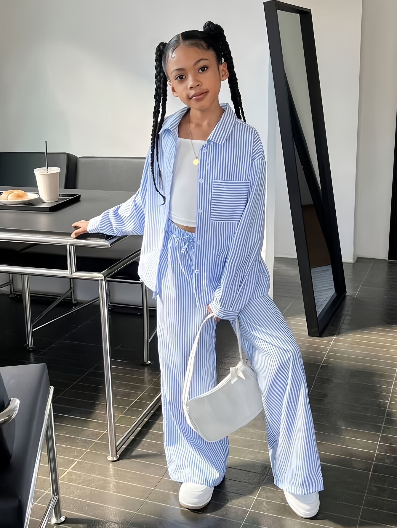 ensemble piÃ¨ces filles : chemise Ã  manches longues rayÃ©e, pantalon et dÃ©bardeur idÃ©al pour automne/hiver, parfait pour l extÃ©rieur DÃ©tails du produit 2